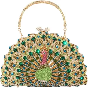 Gorgeous Peacock Crystal Evening Bags Women Sparkling Classy Half Round Diamond Purses And Handbags Wedding Party