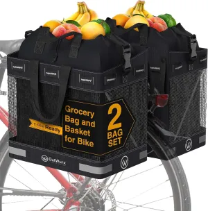 Grocery Panniers for Bicycles and Ebikes - Water Resistant Rear Rack Bags with Detachable Inner Grocery Bag & Folding Basket - Fast & Easy Installation (22.5L & 45L Options)