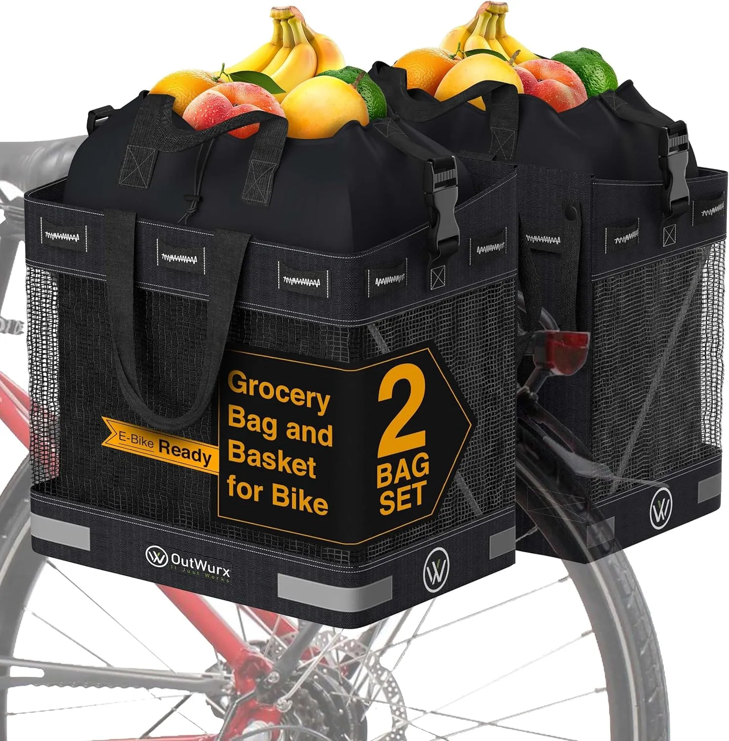 Grocery Panniers for Bicycles and Ebikes - Water Resistant Rear Rack Bags with Detachable Inner Grocery Bag & Folding Basket - Fast & Easy Installation (22.5L & 45L Options)