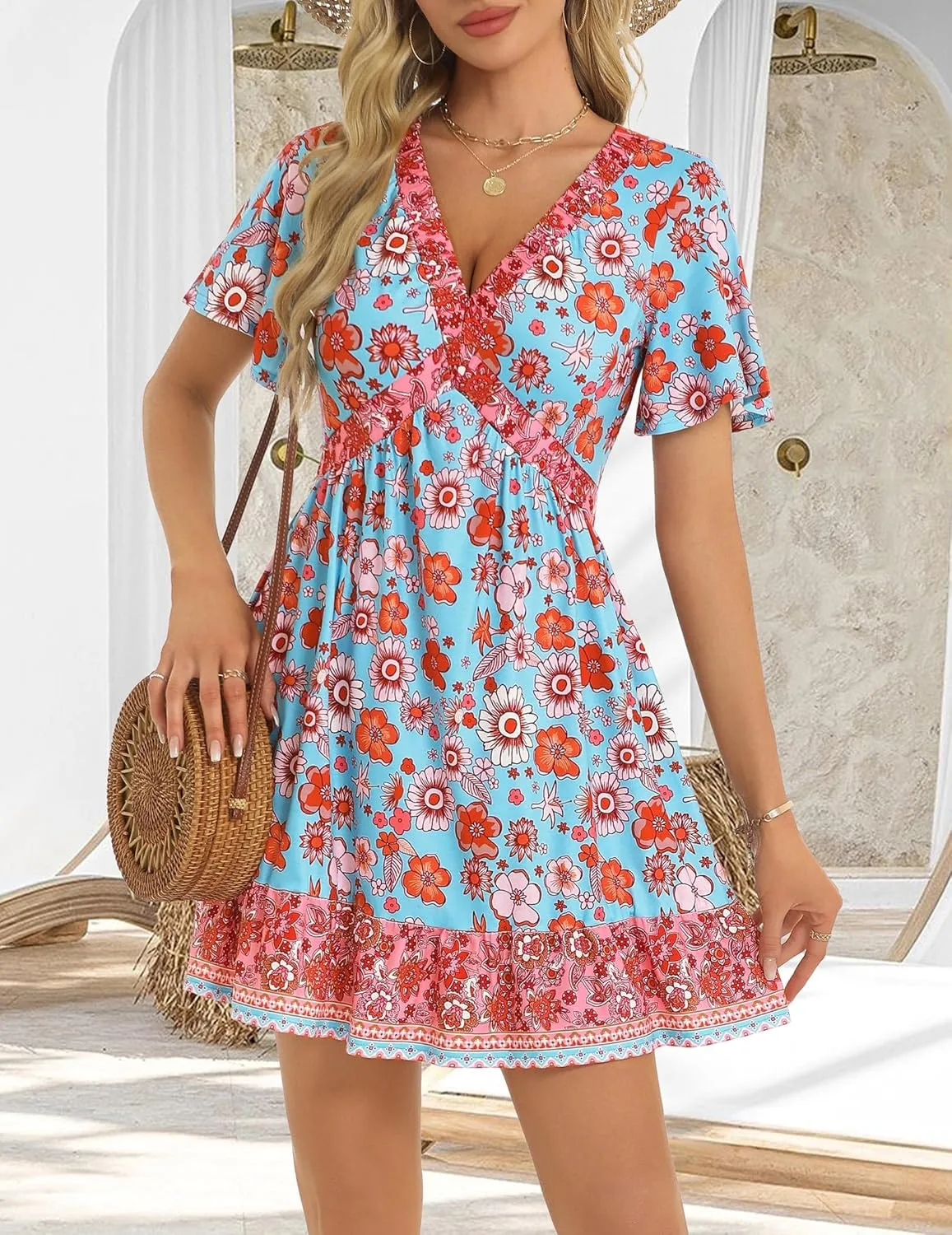 GUBERRY Women's Summer Boho Dress with Pockets V Neck Ruffle Flowy Casual Floral Babydoll Mini Short Sun Beach Dress