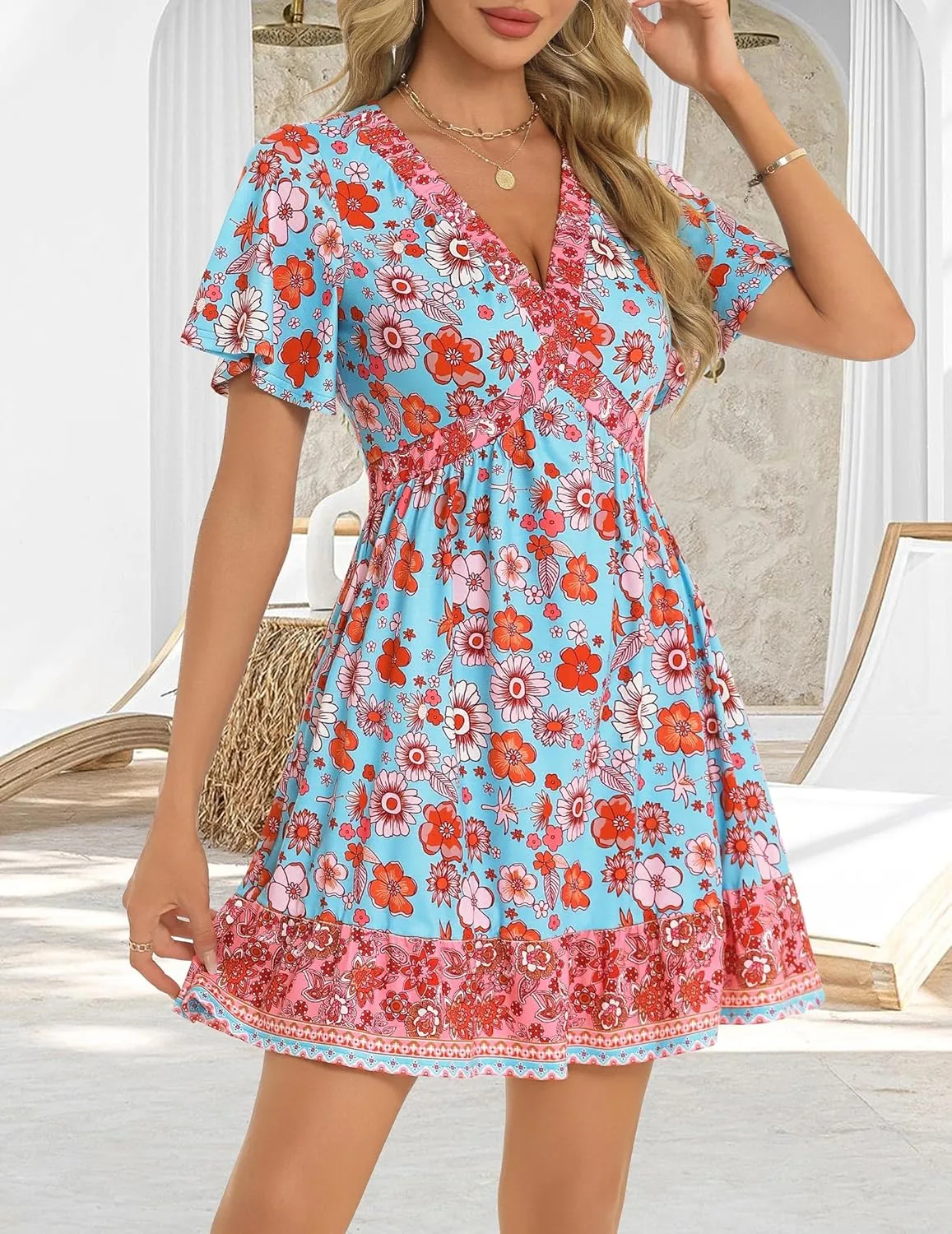 GUBERRY Women's Summer Boho Dress with Pockets V Neck Ruffle Flowy Casual Floral Babydoll Mini Short Sun Beach Dress