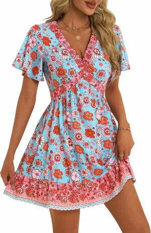 GUBERRY Women's Summer Boho Dress with Pockets V Neck Ruffle Flowy Casual Floral Babydoll Mini Short Sun Beach Dress