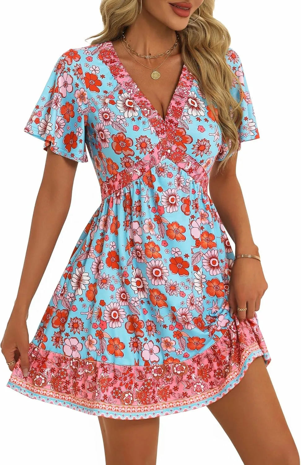 GUBERRY Women's Summer Boho Dress with Pockets V Neck Ruffle Flowy Casual Floral Babydoll Mini Short Sun Beach Dress