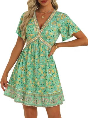 GUBERRY Women's Summer Boho Dress with Pockets V Neck Ruffle Flowy Casual Floral Babydoll Mini Short Sun Beach Dress