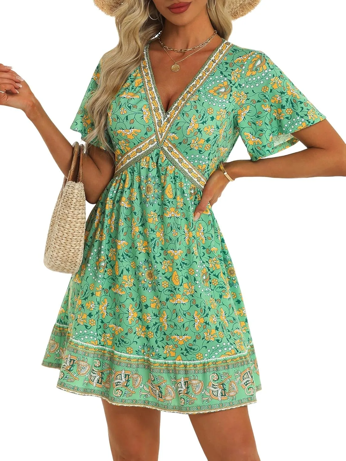 GUBERRY Women's Summer Boho Dress with Pockets V Neck Ruffle Flowy Casual Floral Babydoll Mini Short Sun Beach Dress