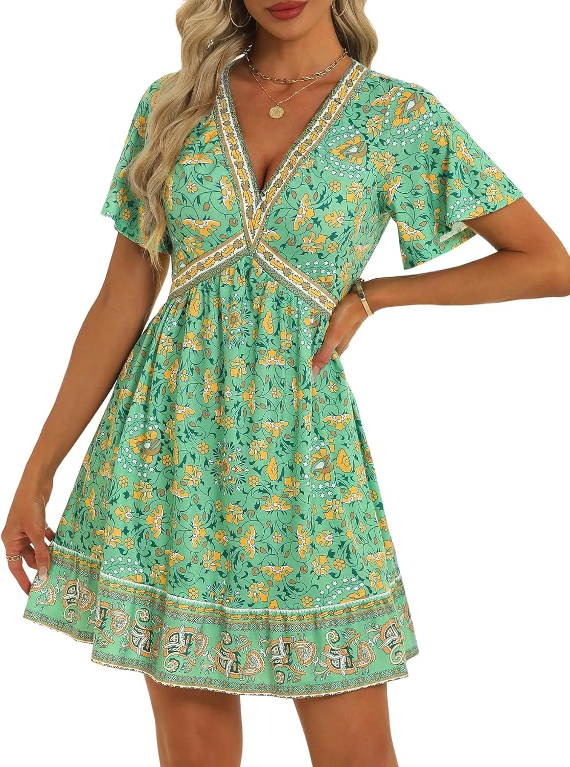 GUBERRY Women's Summer Boho Dress with Pockets V Neck Ruffle Flowy Casual Floral Babydoll Mini Short Sun Beach Dress