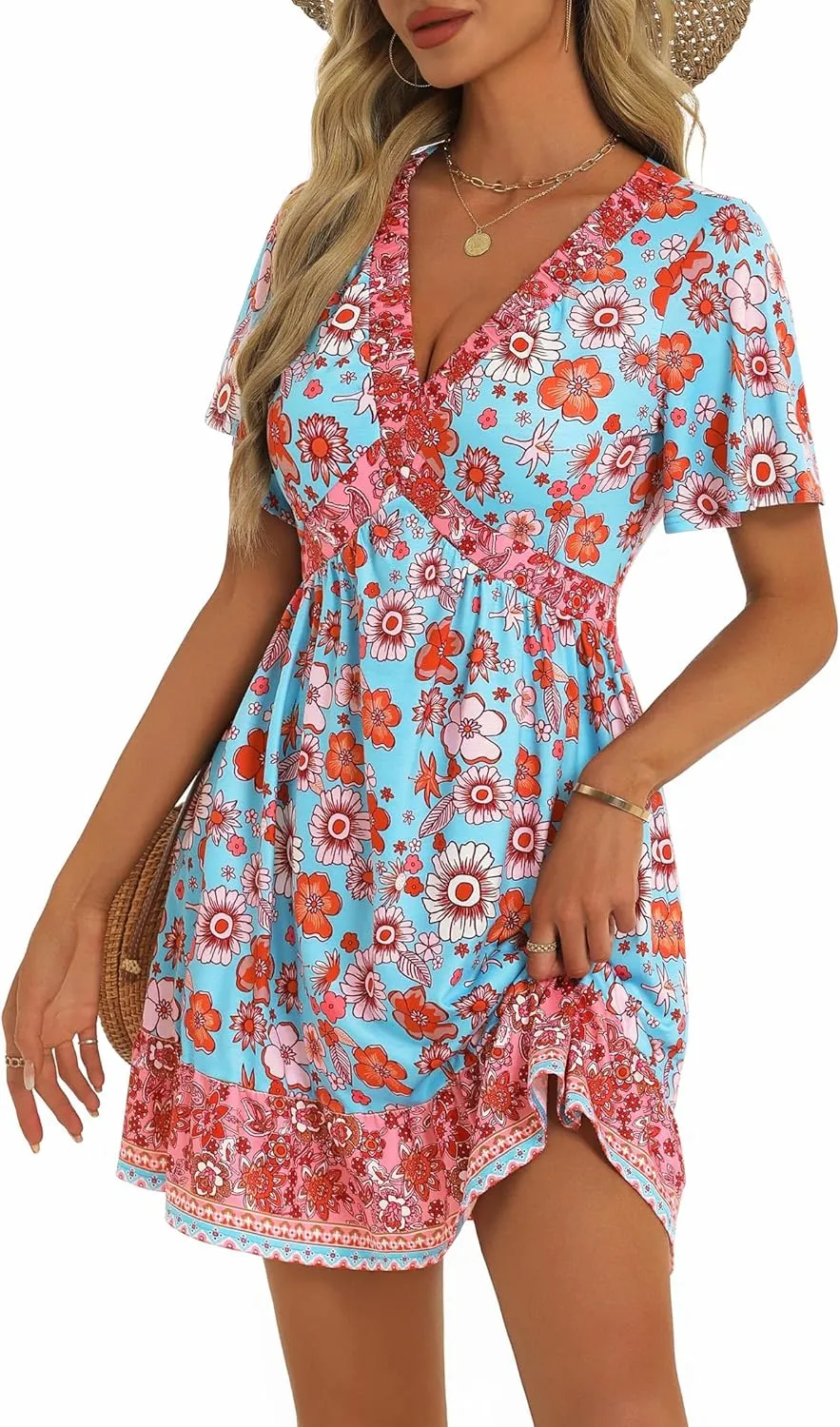 GUBERRY Women's Summer Boho Dress with Pockets V Neck Ruffle Flowy Casual Floral Babydoll Mini Short Sun Beach Dress