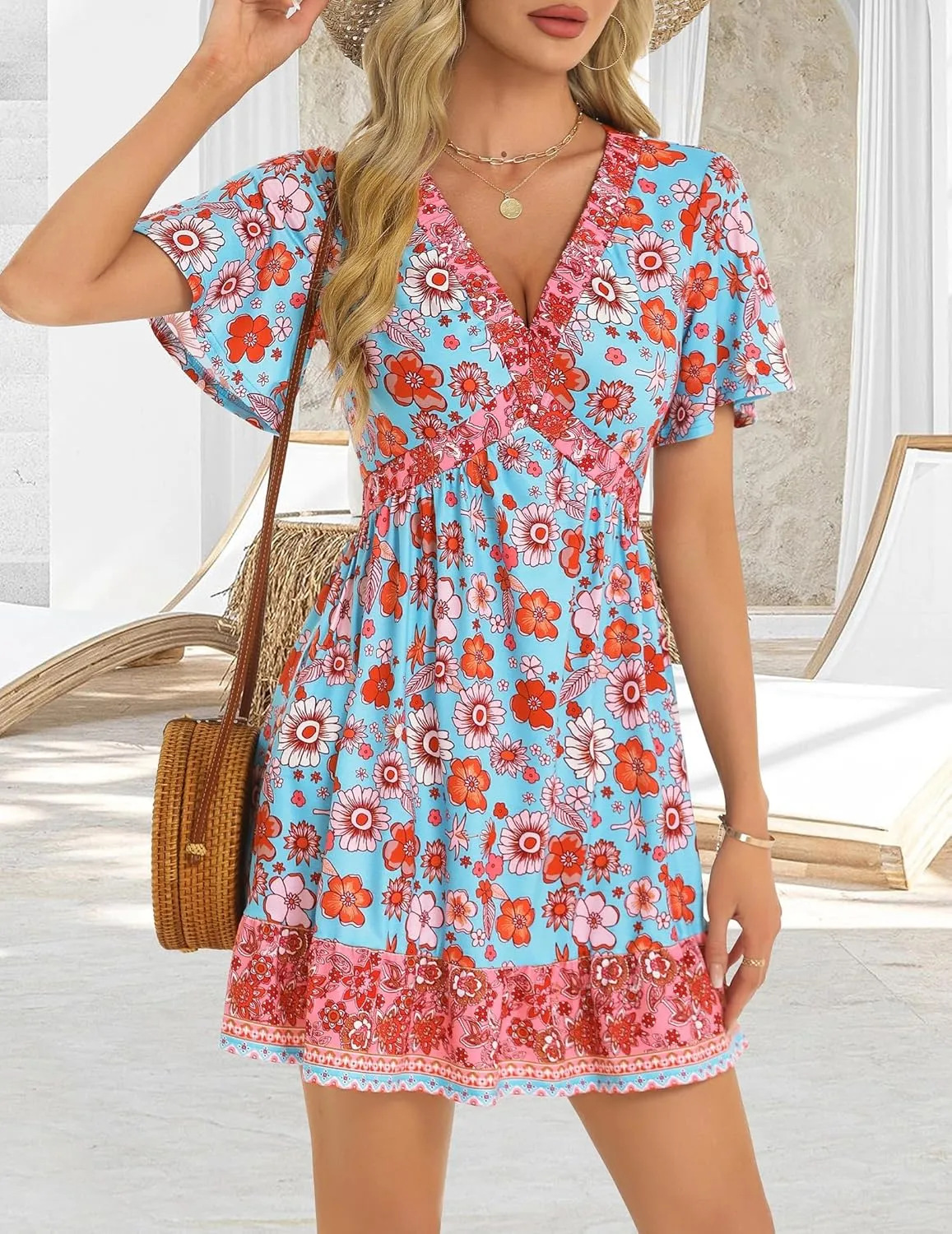 GUBERRY Women's Summer Boho Dress with Pockets V Neck Ruffle Flowy Casual Floral Babydoll Mini Short Sun Beach Dress