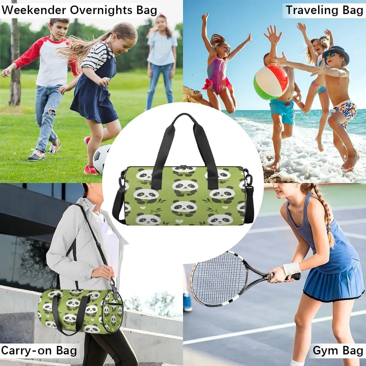 Gym Bags for Men Women Pandas Cartoon Sports Duffel Bags Carry On Travel Duffle Bag with Detachable Adjustable Shoulder Strap Overnight Weekender Bag