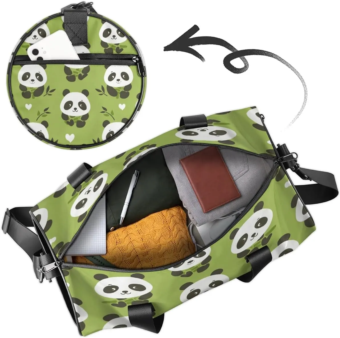 Gym Bags for Men Women Pandas Cartoon Sports Duffel Bags Carry On Travel Duffle Bag with Detachable Adjustable Shoulder Strap Overnight Weekender Bag
