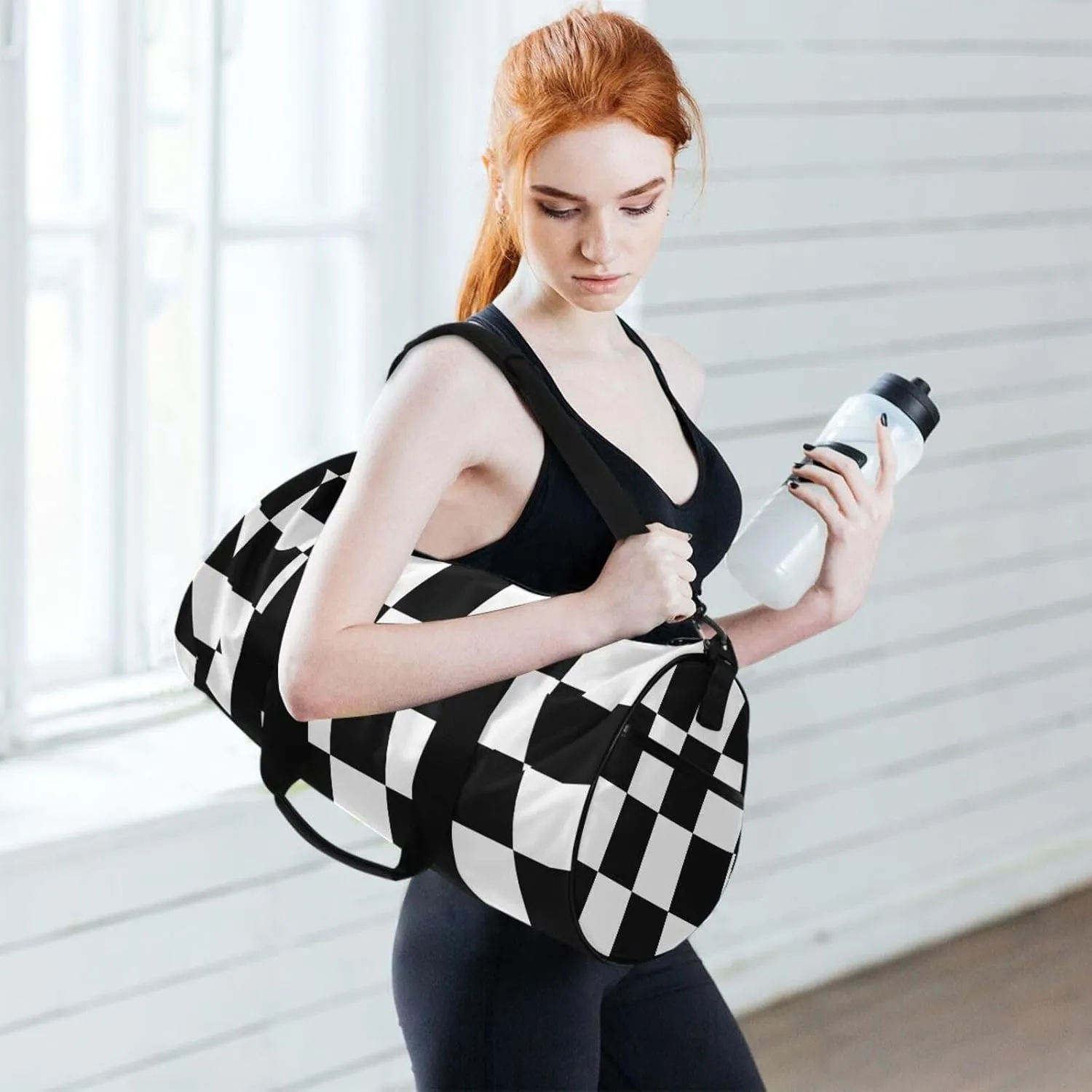 Gym Bag,Sports Duffle Bag,Cute Gym Bags with Inner Pocket,Weekender Travel Bag For Sport Workout Women Men,17.6x9 IN Black White Check