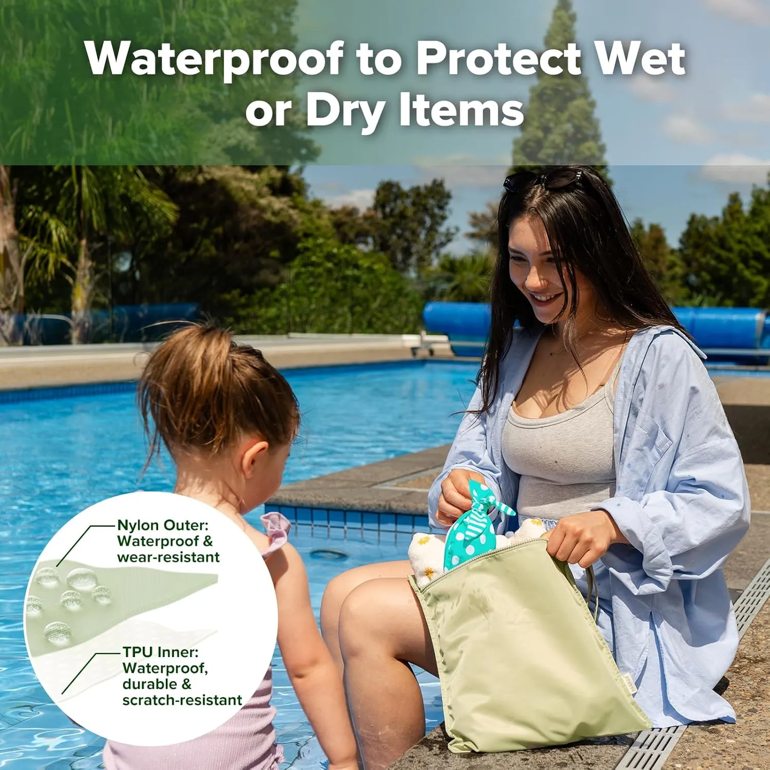haakaa Waterproof Wet Bags for Baby, Wet Dry Bags for Diaper Bag, Travel, Swimsuit, Beach, Pool, Pump Parts, Stroller, Daycare,Yoga, Grass, 2 Pack