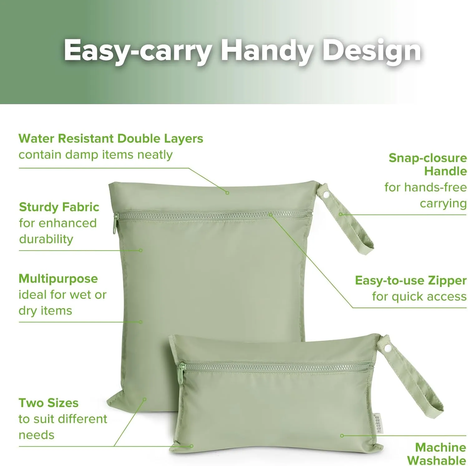 haakaa Waterproof Wet Bags for Baby, Wet Dry Bags for Diaper Bag, Travel, Swimsuit, Beach, Pool, Pump Parts, Stroller, Daycare,Yoga, Grass, 2 Pack