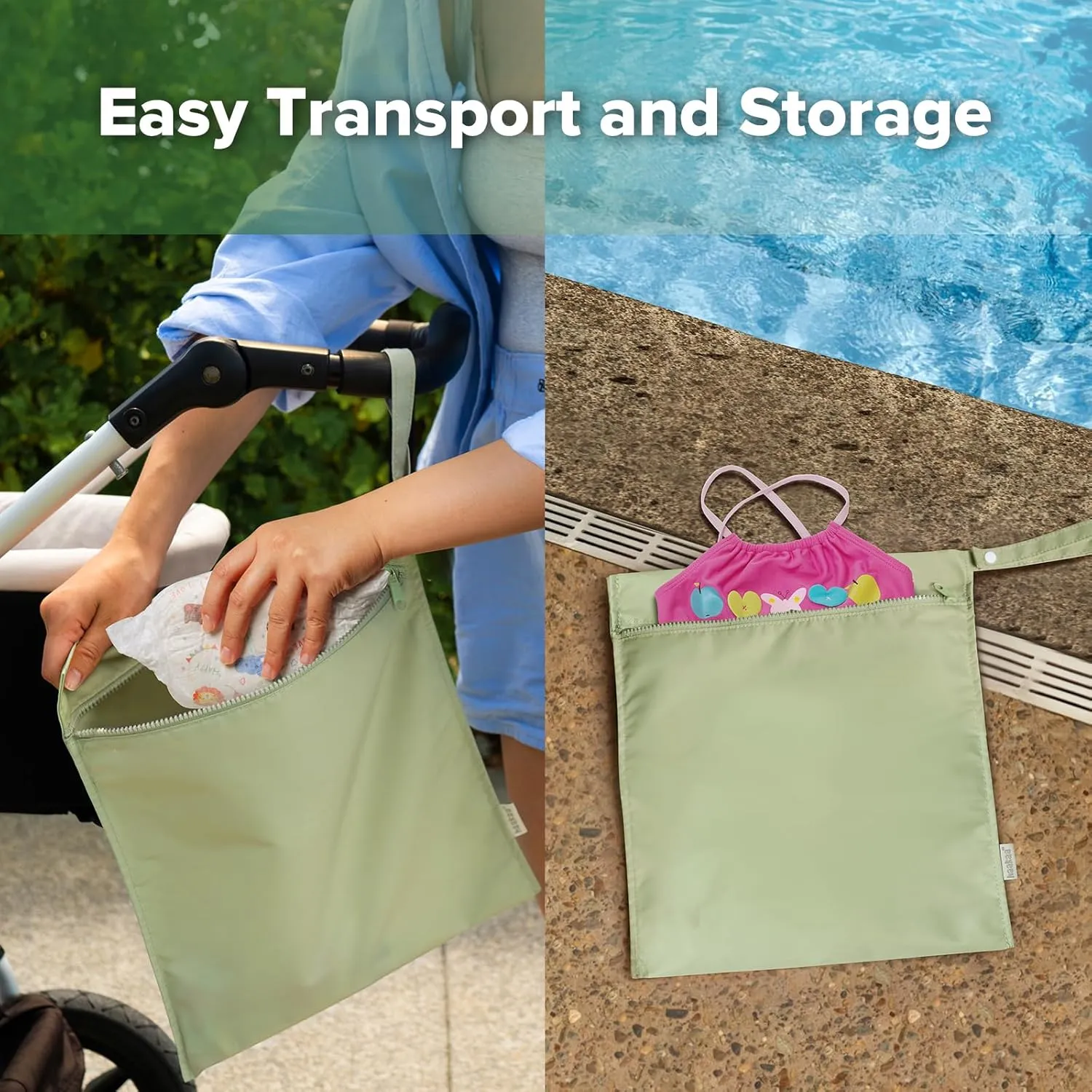 haakaa Waterproof Wet Bags for Baby, Wet Dry Bags for Diaper Bag, Travel, Swimsuit, Beach, Pool, Pump Parts, Stroller, Daycare,Yoga, Grass, 2 Pack