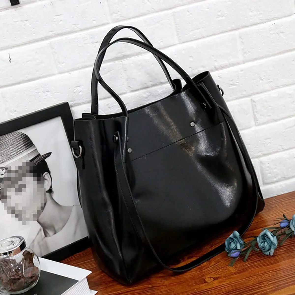 Handbag for Women Wallet Tote Bag Shoulder Bags Top Handle Satchel 4pcs Purse Set(Black)