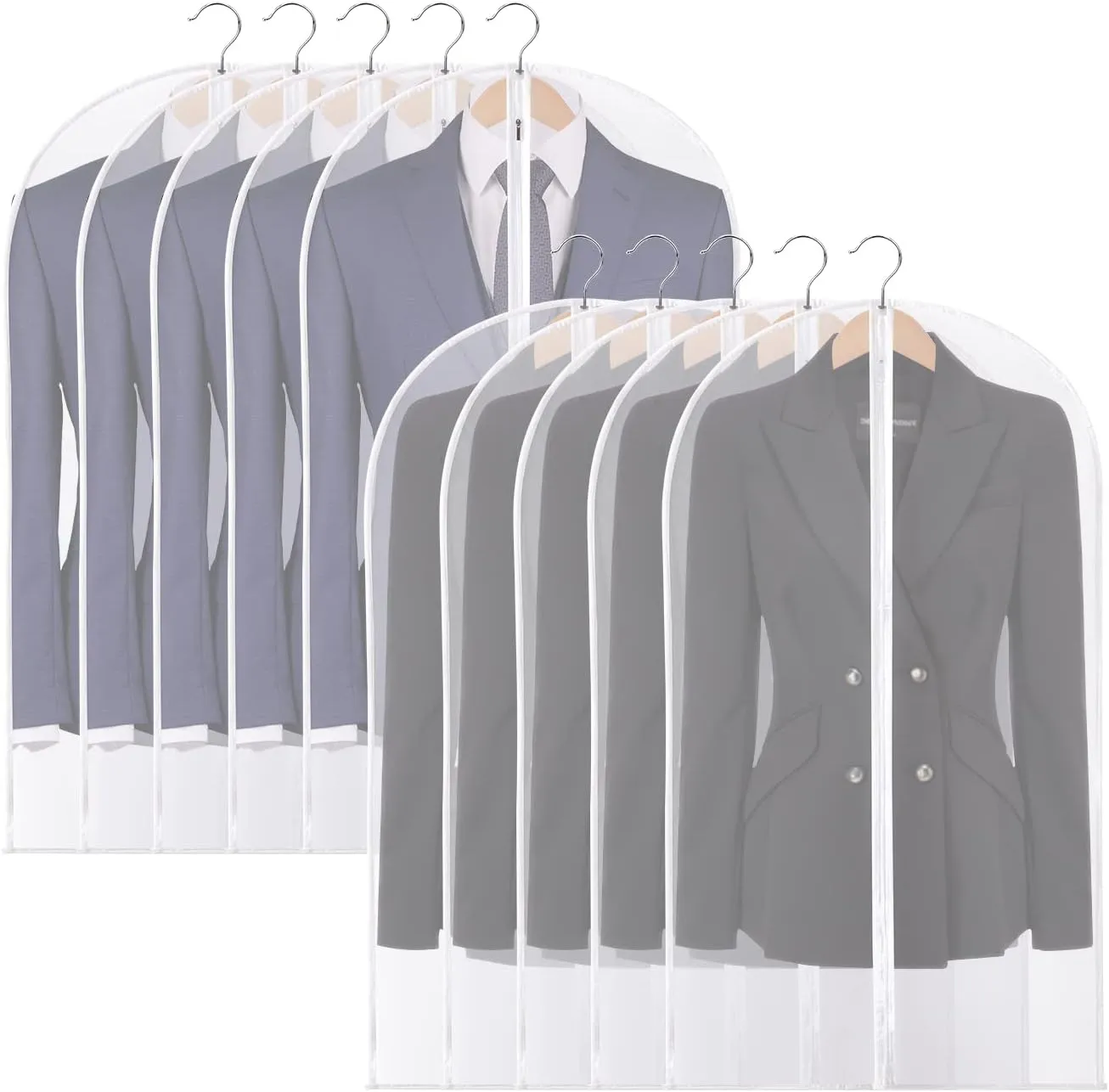 Hanging Garment Bags Clear Suit Bag (Set of 10) Lightweight Dust-Proof Clothes Cover Bags with Full Zipper for Closet Storage