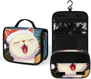 Hanging Toiletry Bag,Cute Cat Sing Christmas Carols Full Print Wash Bag,makeup Travel Bag,Hanging Hook Multifunction Cosmetic Bag for Women And Men