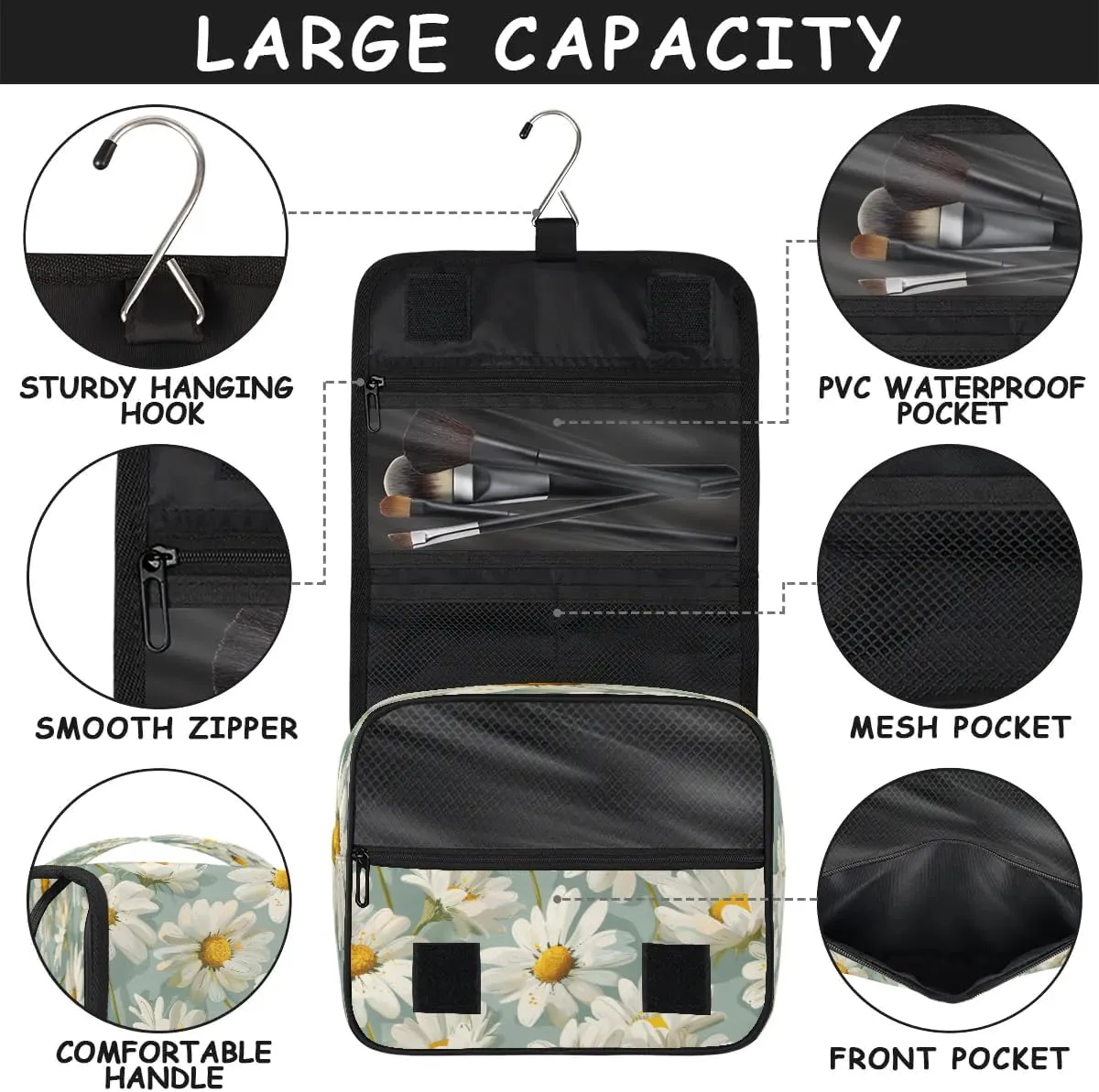 Hanging Travel Toiletry Bag Flower Daisy Print Toiletry Bags with Hanging Hook Portable Cosmetic Bag Makeup Organizer for Travel Business Trip