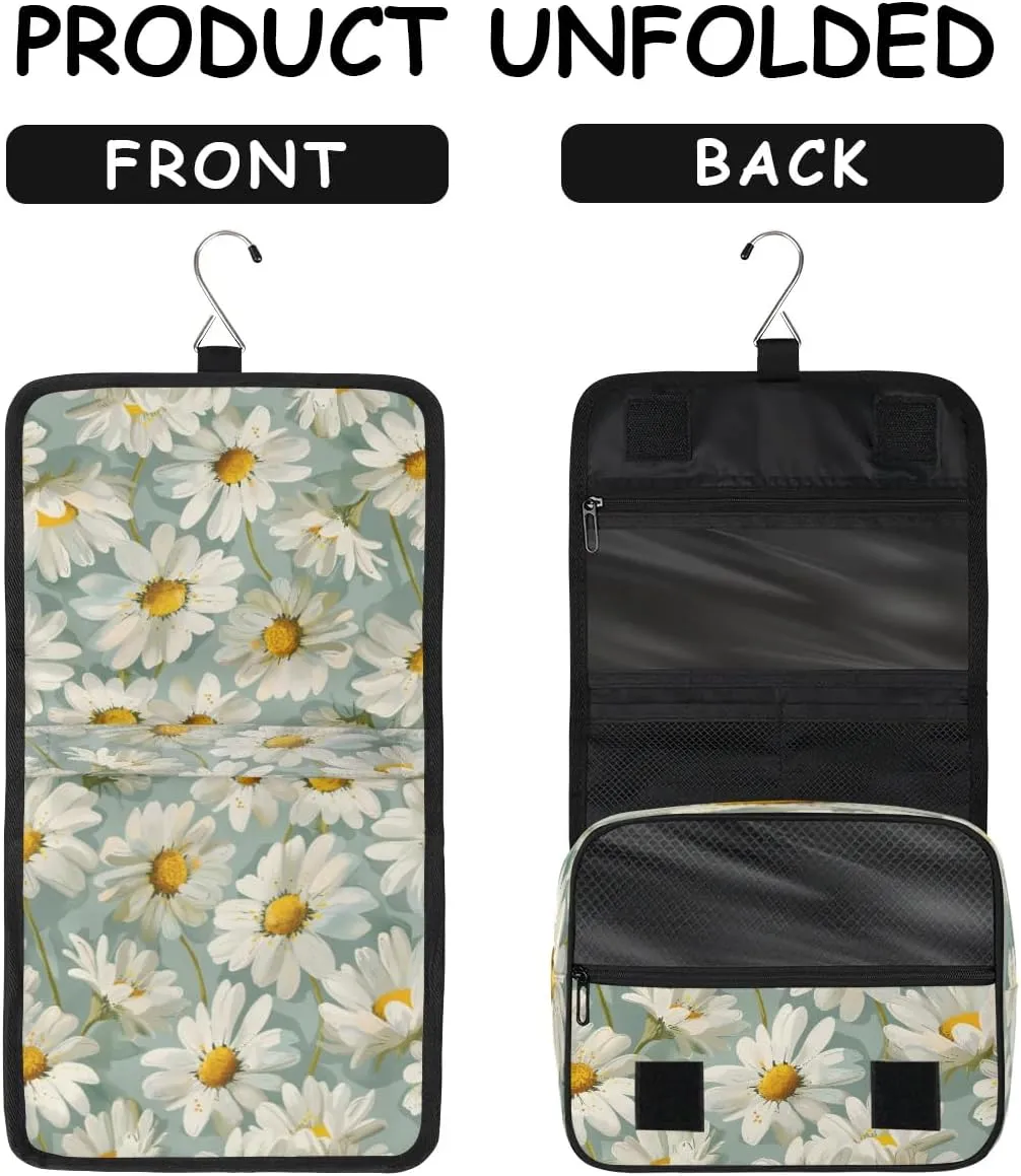 Hanging Travel Toiletry Bag Flower Daisy Print Toiletry Bags with Hanging Hook Portable Cosmetic Bag Makeup Organizer for Travel Business Trip