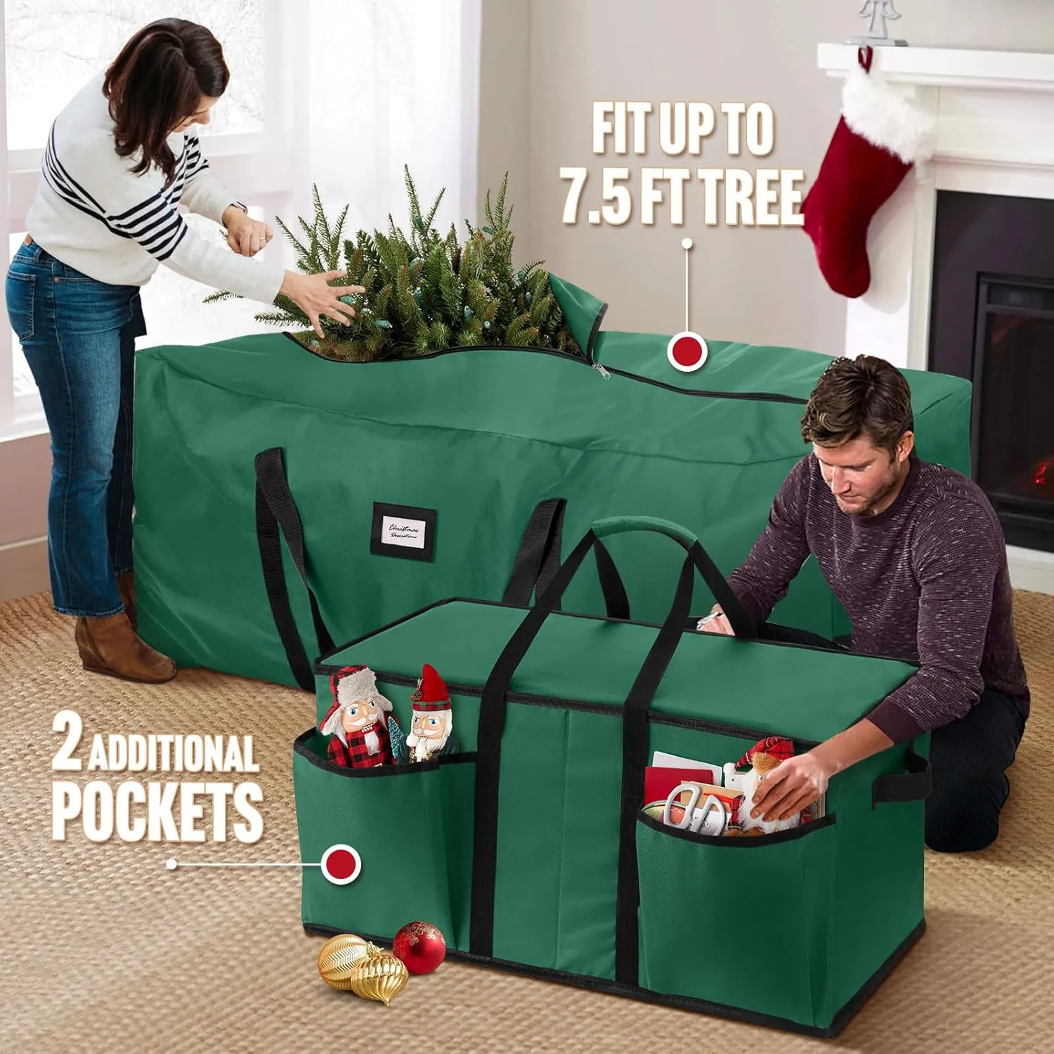 Hatisan 2Pcs Christmas Tree Storage Bag for 7.5ft Artificial Trees with Christmas Ornament Storage Box, Sturdy Waterproof Material, Zippered Bag, Stitched Reinforced Carry Handles(Green, 7.5 ft)