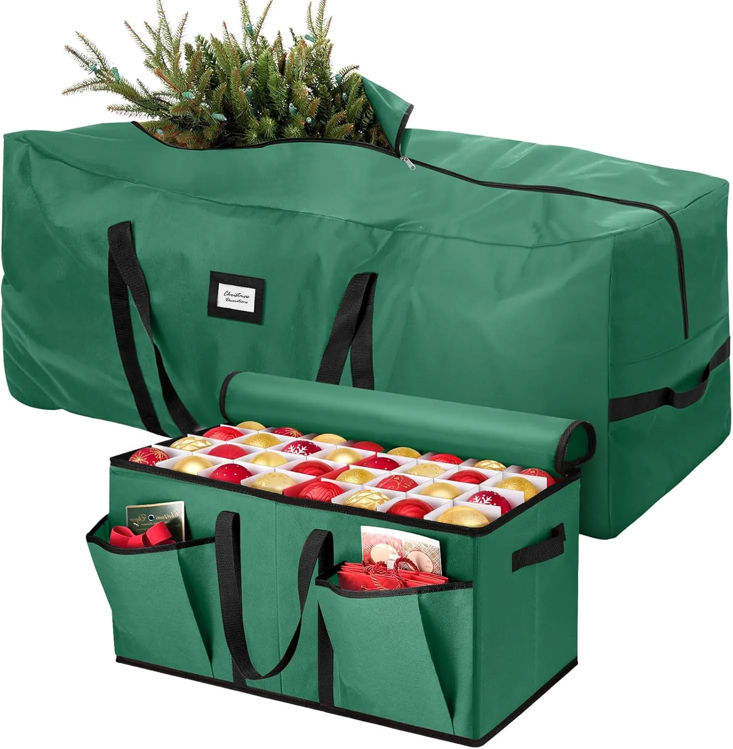 Hatisan 2Pcs Christmas Tree Storage Bag for 7.5ft Artificial Trees with Christmas Ornament Storage Box, Sturdy Waterproof Material, Zippered Bag, Stitched Reinforced Carry Handles(Green, 7.5 ft)