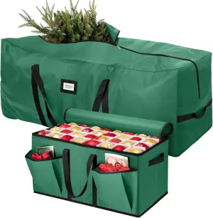Hatisan 2Pcs Christmas Tree Storage Bag for 7.5ft Artificial Trees with Christmas Ornament Storage Box, Sturdy Waterproof Material, Zippered Bag, Stitched Reinforced Carry Handles(Green, 7.5 ft)