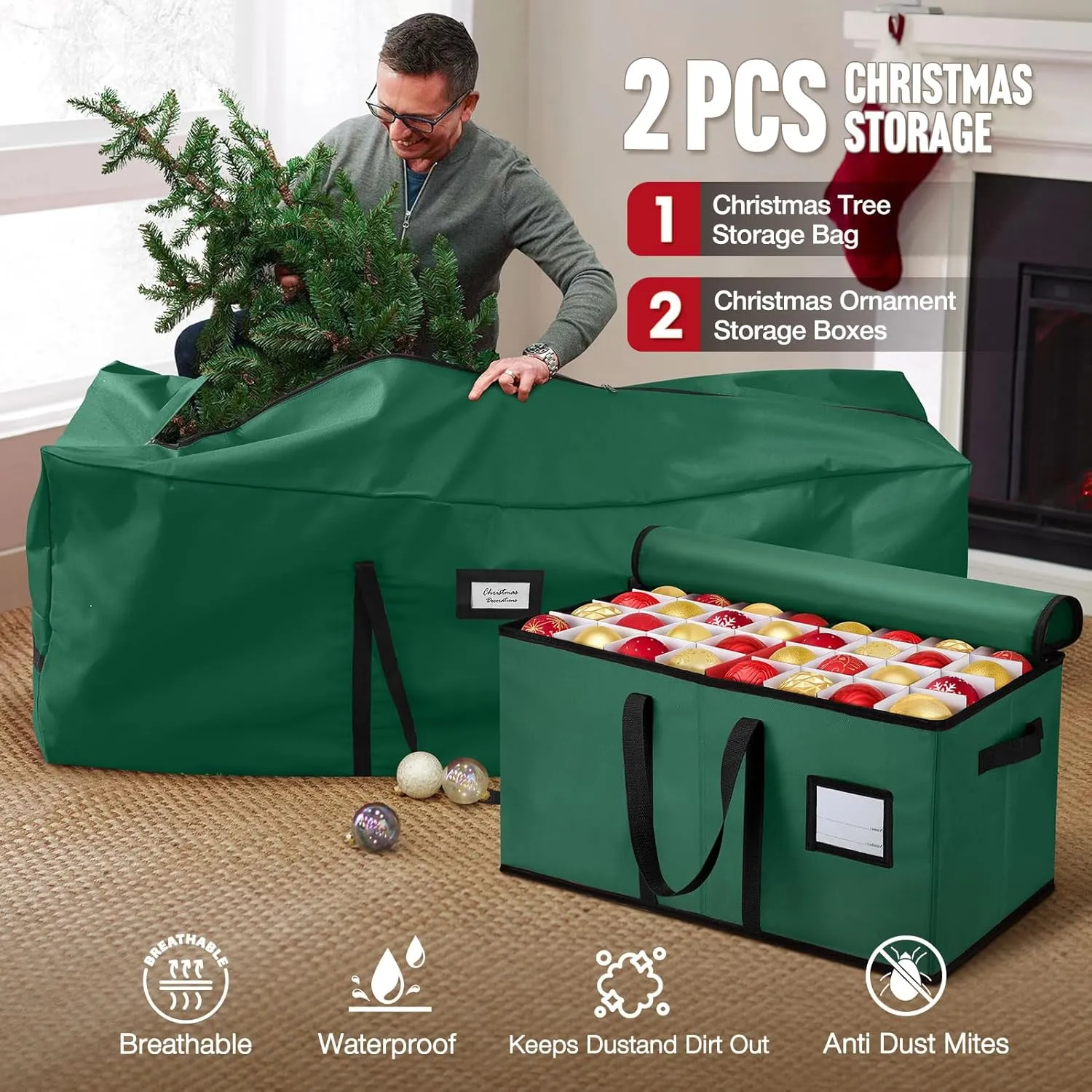 Hatisan 2Pcs Christmas Tree Storage Bag for 7.5ft Artificial Trees with Christmas Ornament Storage Box, Sturdy Waterproof Material, Zippered Bag, Stitched Reinforced Carry Handles(Green, 7.5 ft)