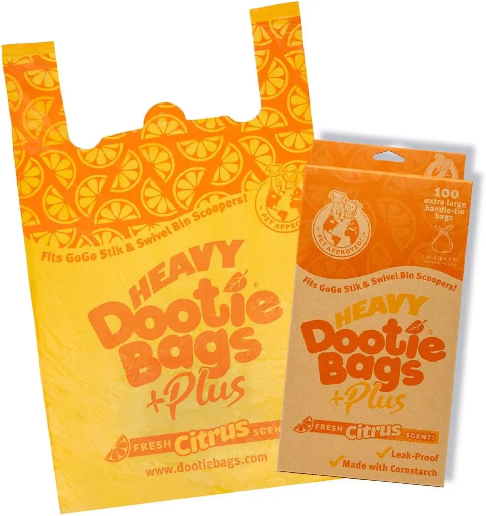 HEAVY Dootie Bags  Plus a Hint of Citrus Scent with EZ Tie Handles. For Pet Dog Poop, Cat Litter. Multi-Use. Fits Swivel Bin and Gogo Stik Scoopers. Made with Cornstarch. Strong, Leakproof, Very Large