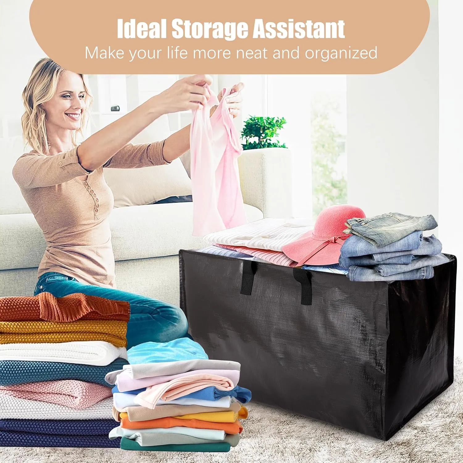 Heavy Duty Moving Bags with Backpack Straps and Strong Handles, Alternative to Moving Boxes and Storage Totes for Dorm Room Essentials, 6 Pack, Black