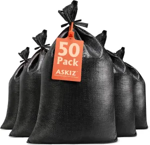 Heavy Duty Sand Bags Empty Woven Sand Bags with Tie Strings with 1600 Hours of UV Protection Polypropylene Sand-Bags - 16" x 25.5" Ultra Tough Sandbags for Hurricane Flooding (Black 50 Bags)