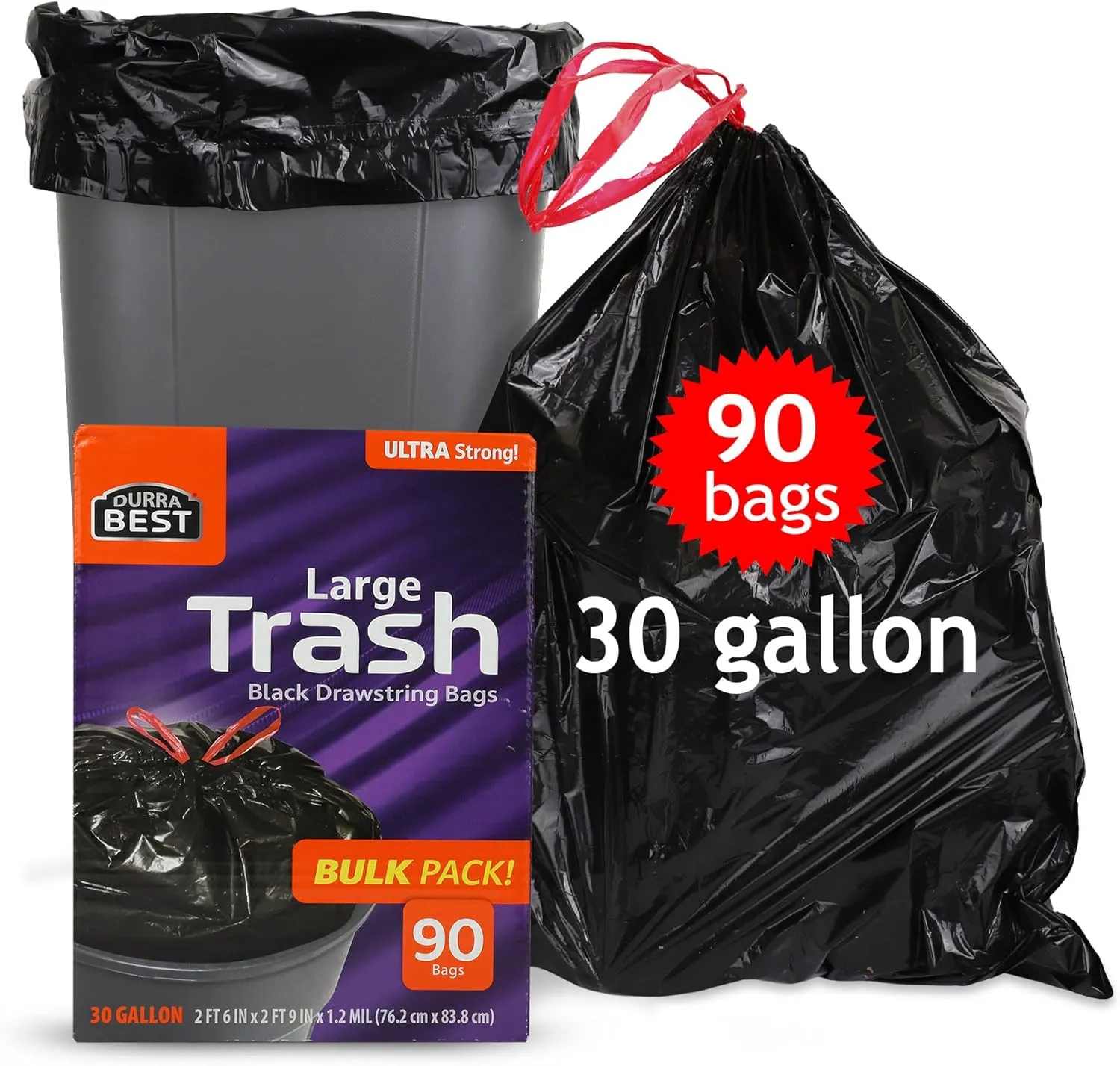 Heavy-Duty Trash Bags – 30 Gallon | 90 Bags - Black Ultra Thick Drawstring Garbage Bags – Leak-Resistant for Home & Commercial Use - Big Trash Bags