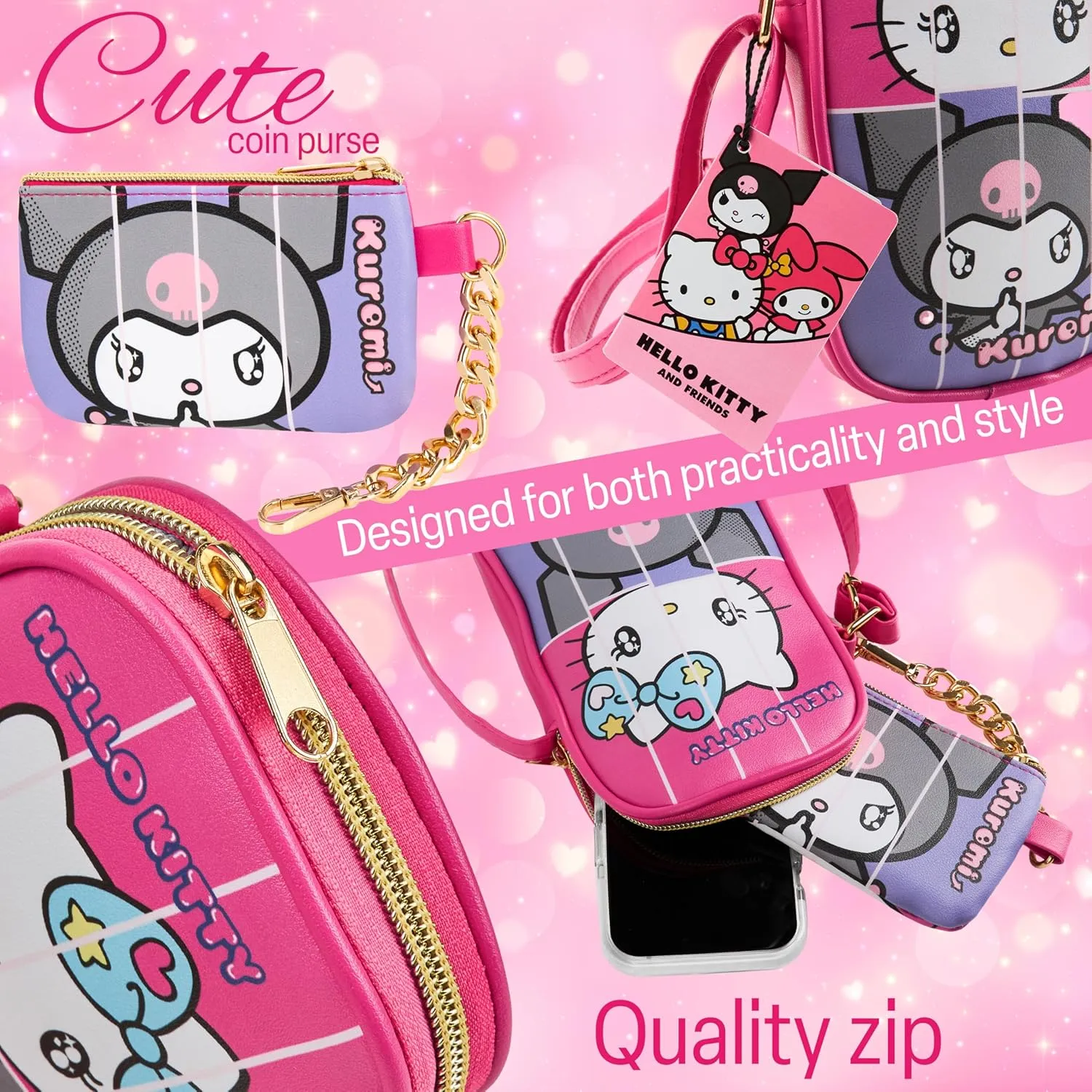 Hello Kitty Purse Girls Teens Women Shoulder Bag Zipped Coin Purse Crossbody Bag (Pink Hello Kitty)
