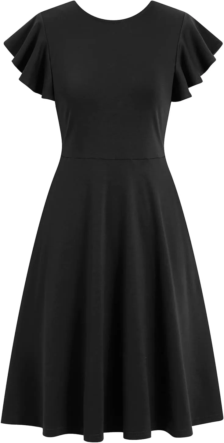 HELYO Women's Semi-Formal Ruffle Sleeves V-Back Work Fit and Flare Cocktail Wedding Guest Dress with Pockets 842
