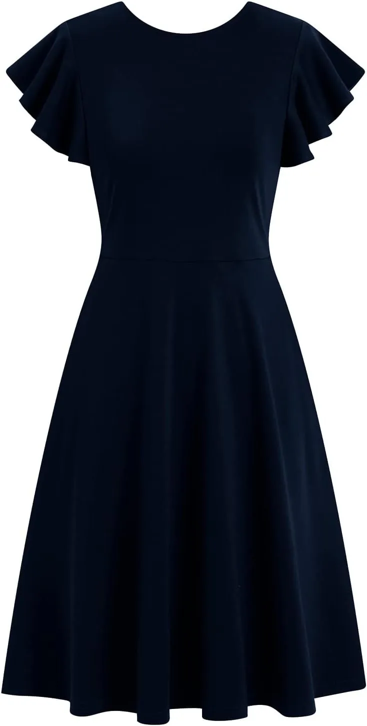 HELYO Women's Semi-Formal Ruffle Sleeves V-Back Work Fit and Flare Cocktail Wedding Guest Dress with Pockets 842