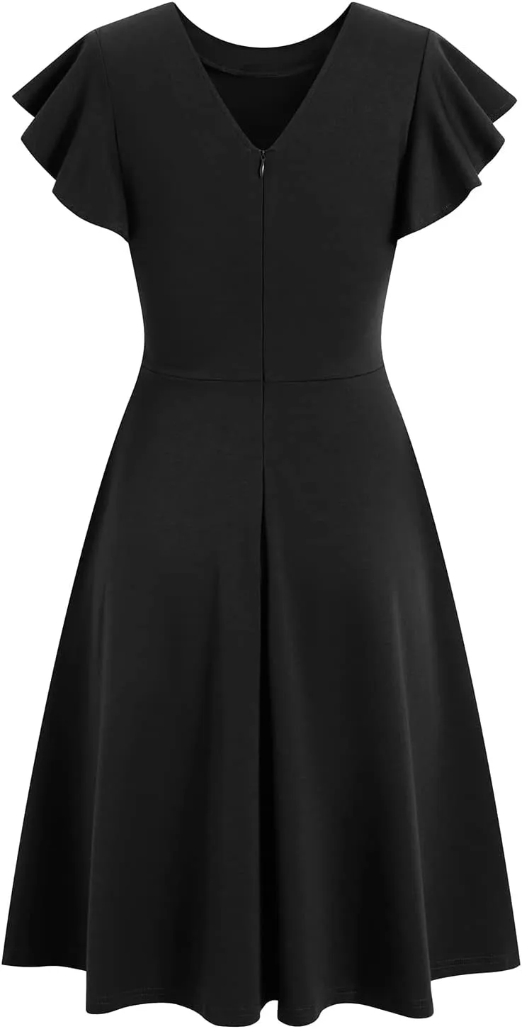 HELYO Women's Semi-Formal Ruffle Sleeves V-Back Work Fit and Flare Cocktail Wedding Guest Dress with Pockets 842