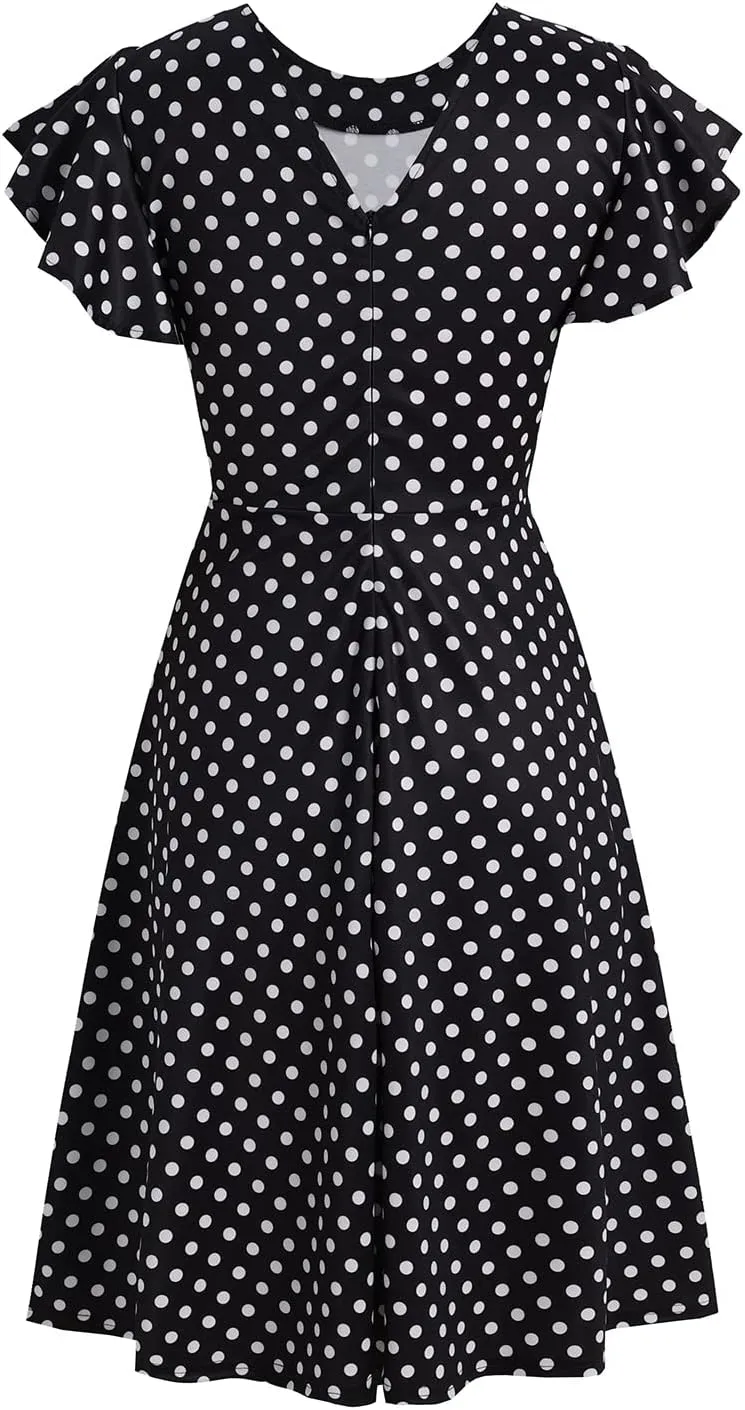 HELYO Women's Semi-Formal Ruffle Sleeves V-Back Work Fit and Flare Cocktail Wedding Guest Dress with Pockets 842