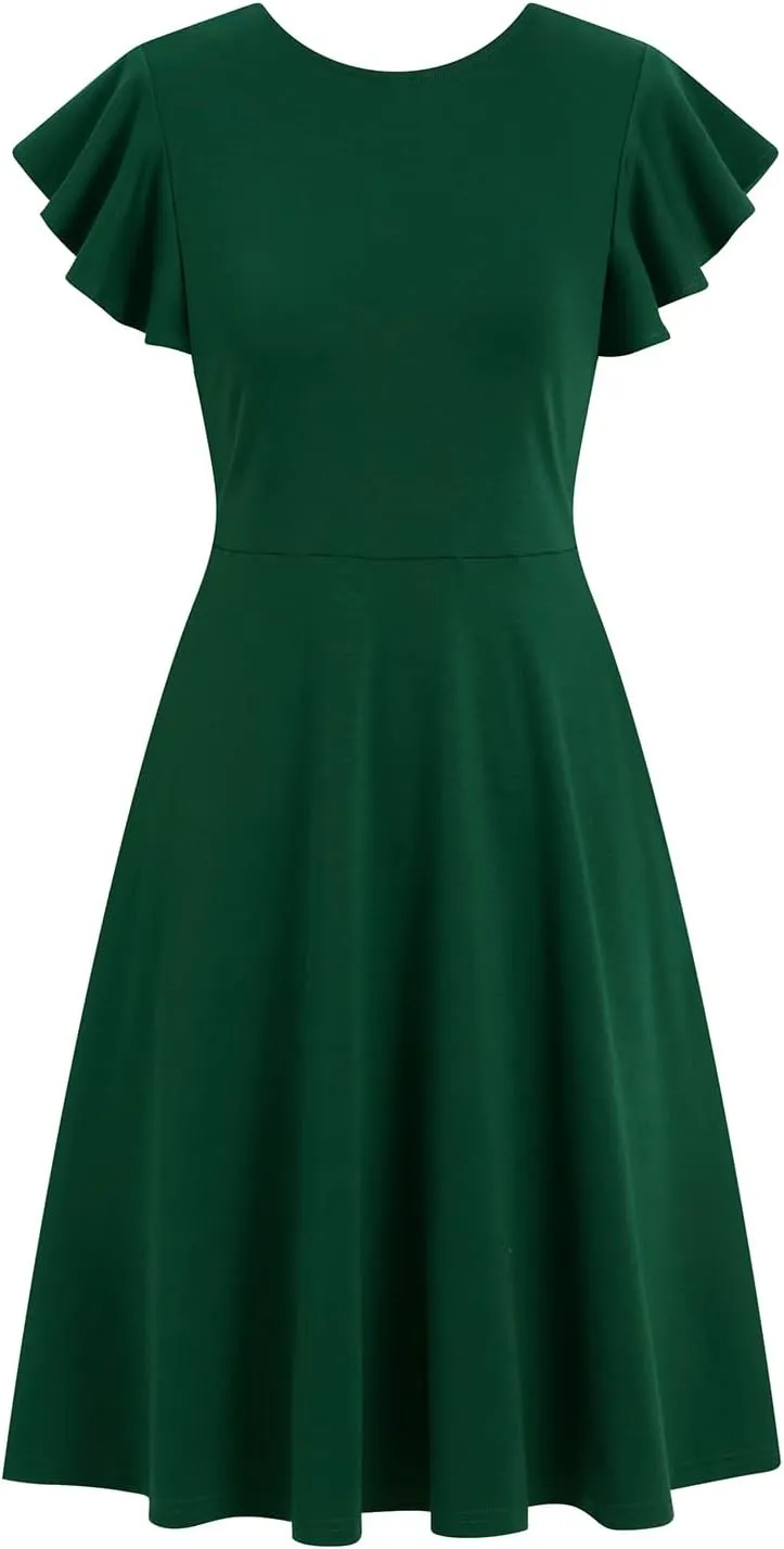 HELYO Women's Semi-Formal Ruffle Sleeves V-Back Work Fit and Flare Cocktail Wedding Guest Dress with Pockets 842