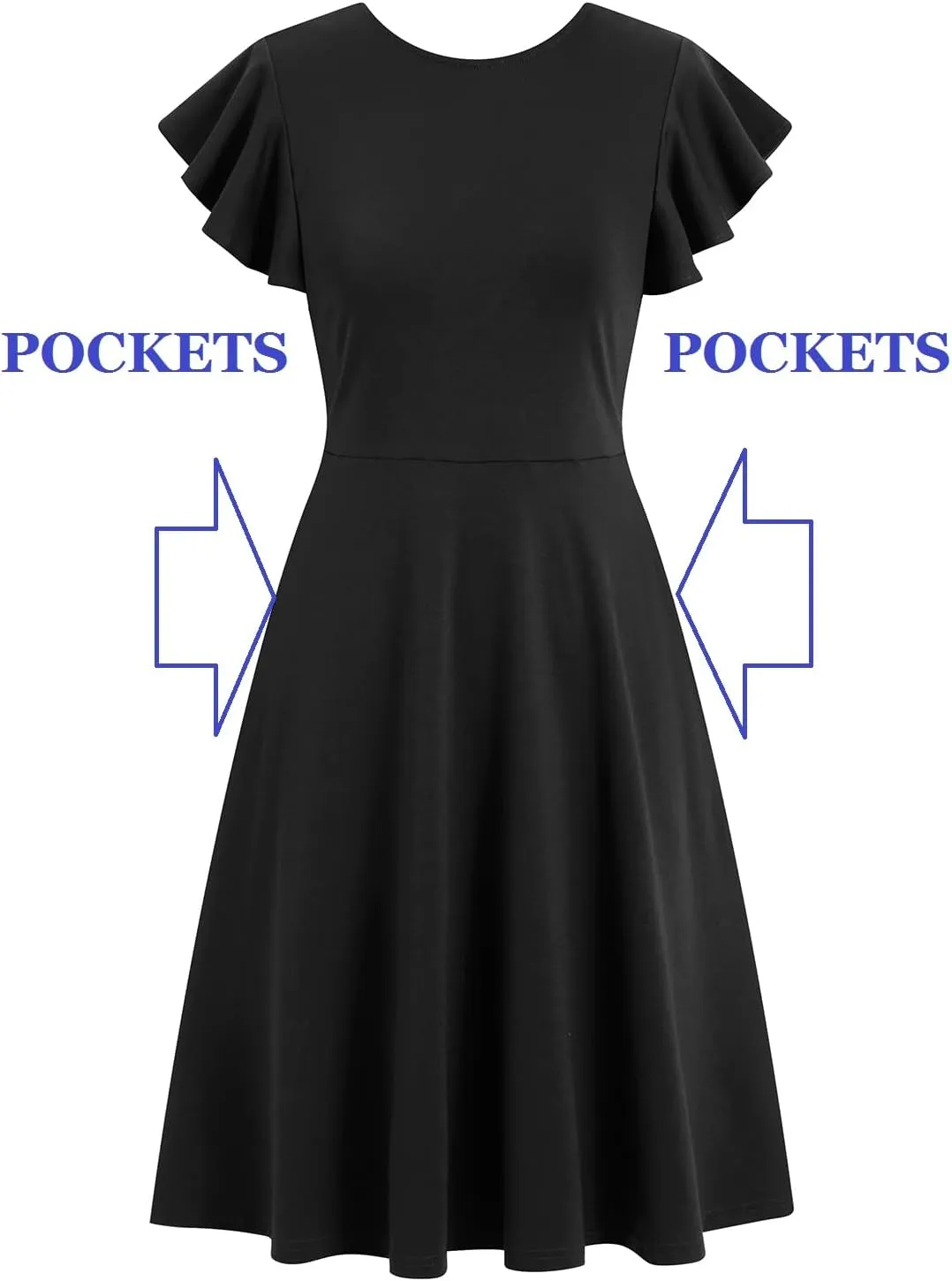 HELYO Women's Semi-Formal Ruffle Sleeves V-Back Work Fit and Flare Cocktail Wedding Guest Dress with Pockets 842