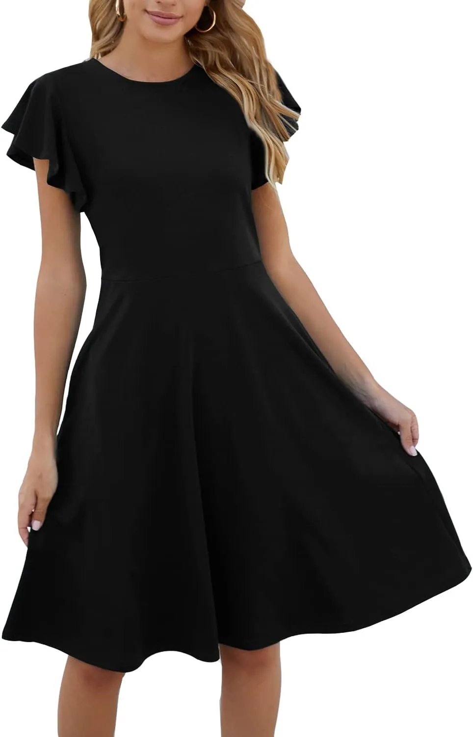 HELYO Women's Semi-Formal Ruffle Sleeves V-Back Work Fit and Flare Cocktail Wedding Guest Dress with Pockets 842
