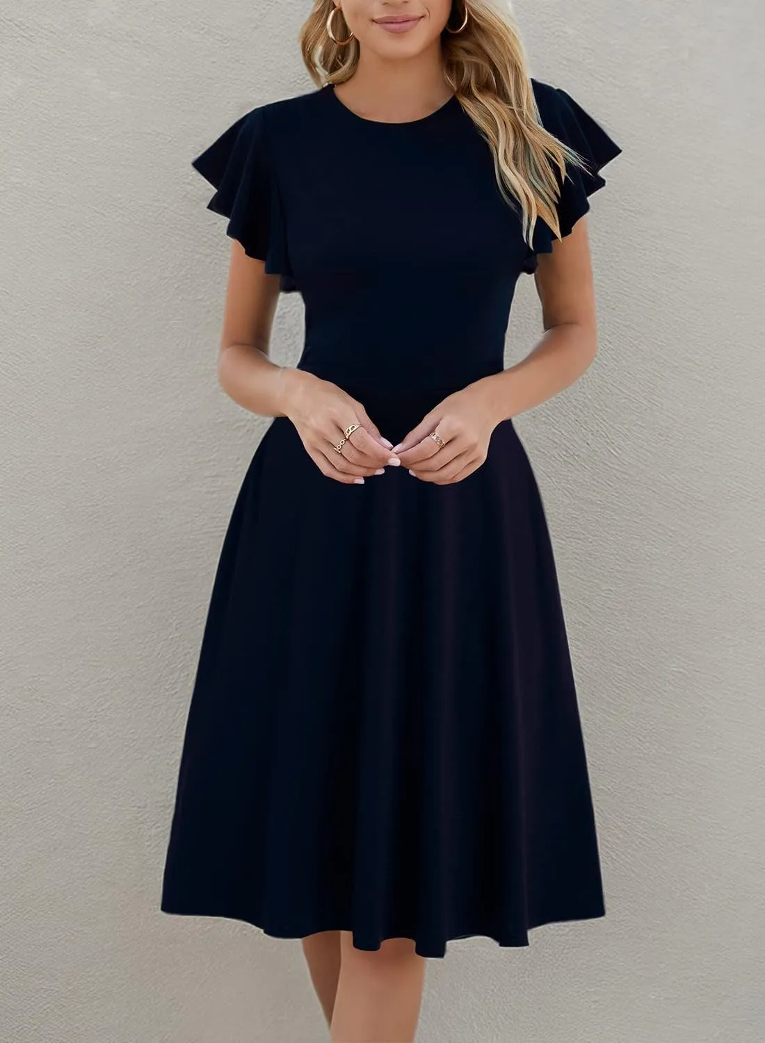 HELYO Women's Semi-Formal Ruffle Sleeves V-Back Work Fit and Flare Cocktail Wedding Guest Dress with Pockets 842