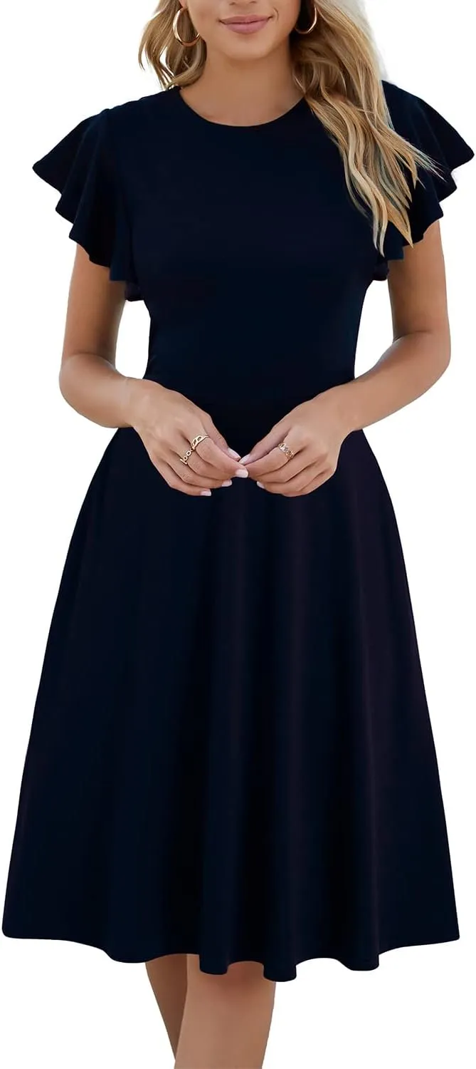 HELYO Women's Semi-Formal Ruffle Sleeves V-Back Work Fit and Flare Cocktail Wedding Guest Dress with Pockets 842