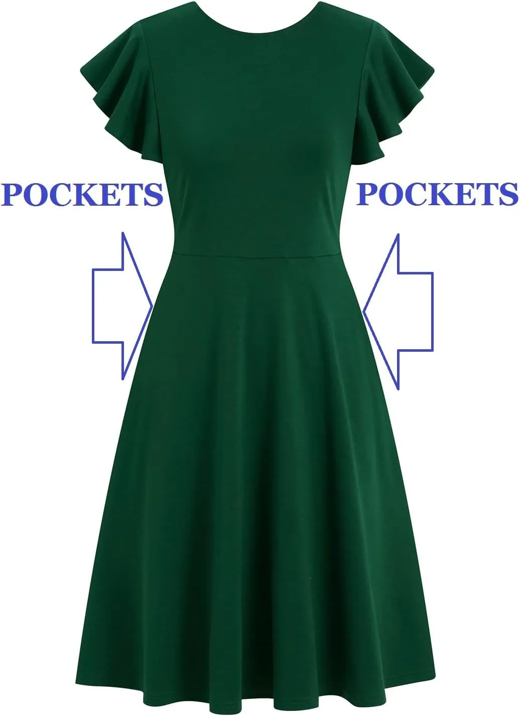 HELYO Women's Semi-Formal Ruffle Sleeves V-Back Work Fit and Flare Cocktail Wedding Guest Dress with Pockets 842