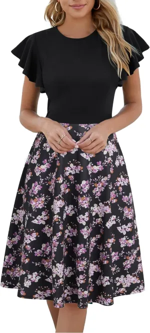 HELYO Women's Semi-Formal Ruffle Sleeves V-Back Work Fit and Flare Cocktail Wedding Guest Dress with Pockets 842