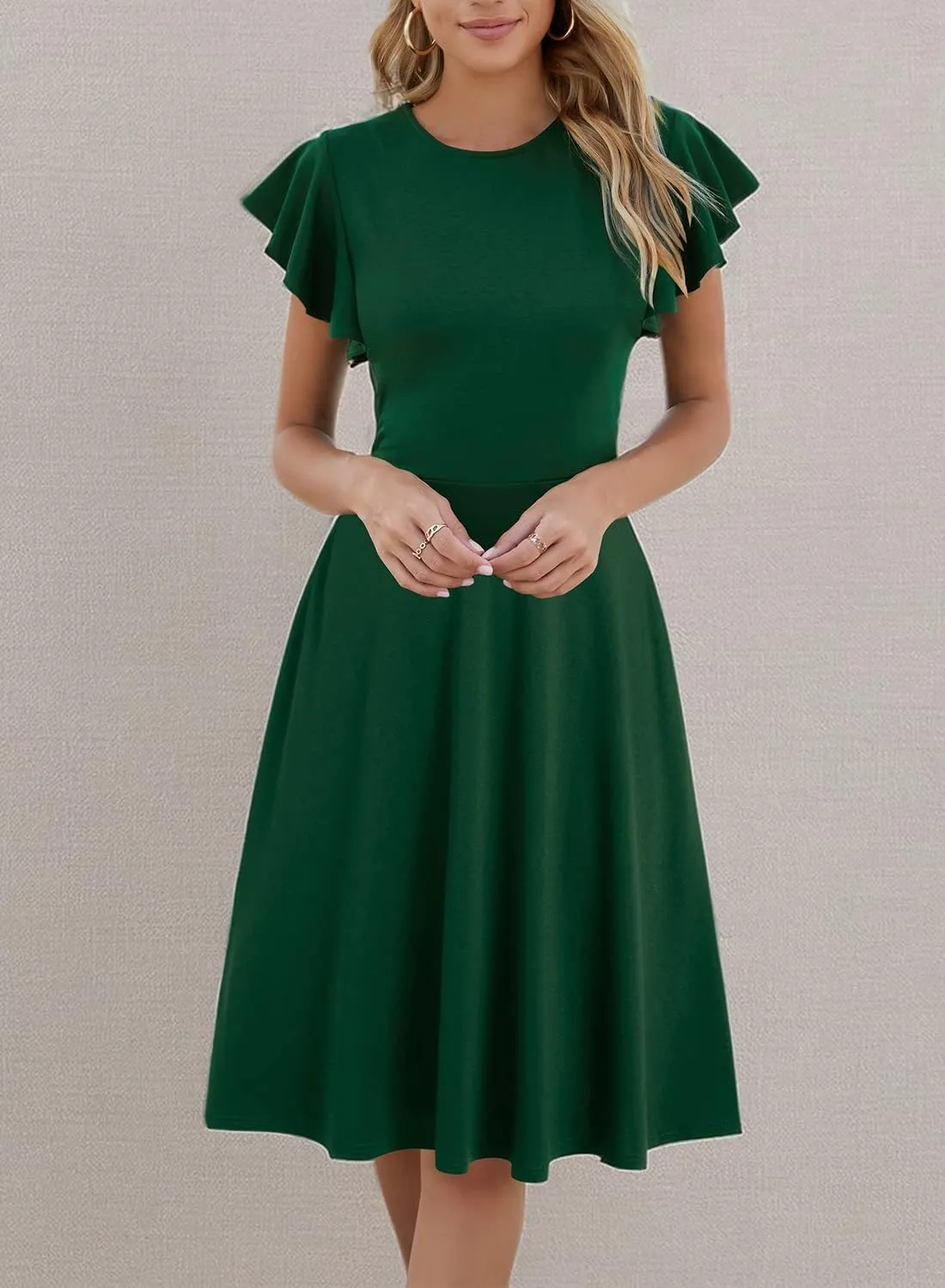 HELYO Women's Semi-Formal Ruffle Sleeves V-Back Work Fit and Flare Cocktail Wedding Guest Dress with Pockets 842