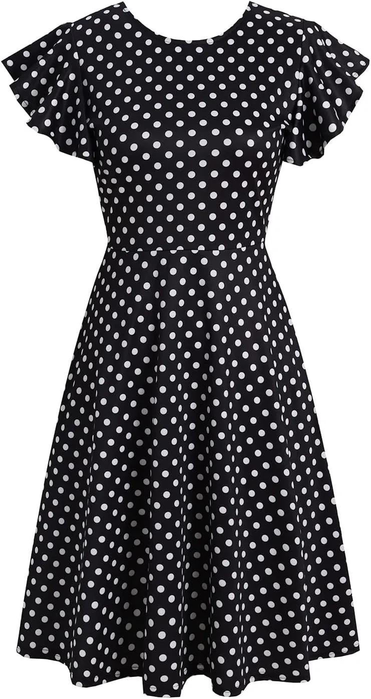 HELYO Women's Semi-Formal Ruffle Sleeves V-Back Work Fit and Flare Cocktail Wedding Guest Dress with Pockets 842