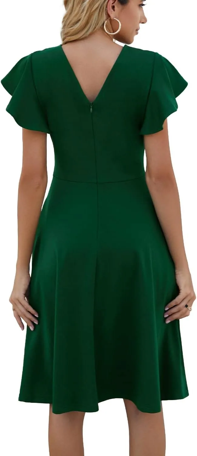 HELYO Women's Semi-Formal Ruffle Sleeves V-Back Work Fit and Flare Cocktail Wedding Guest Dress with Pockets 842