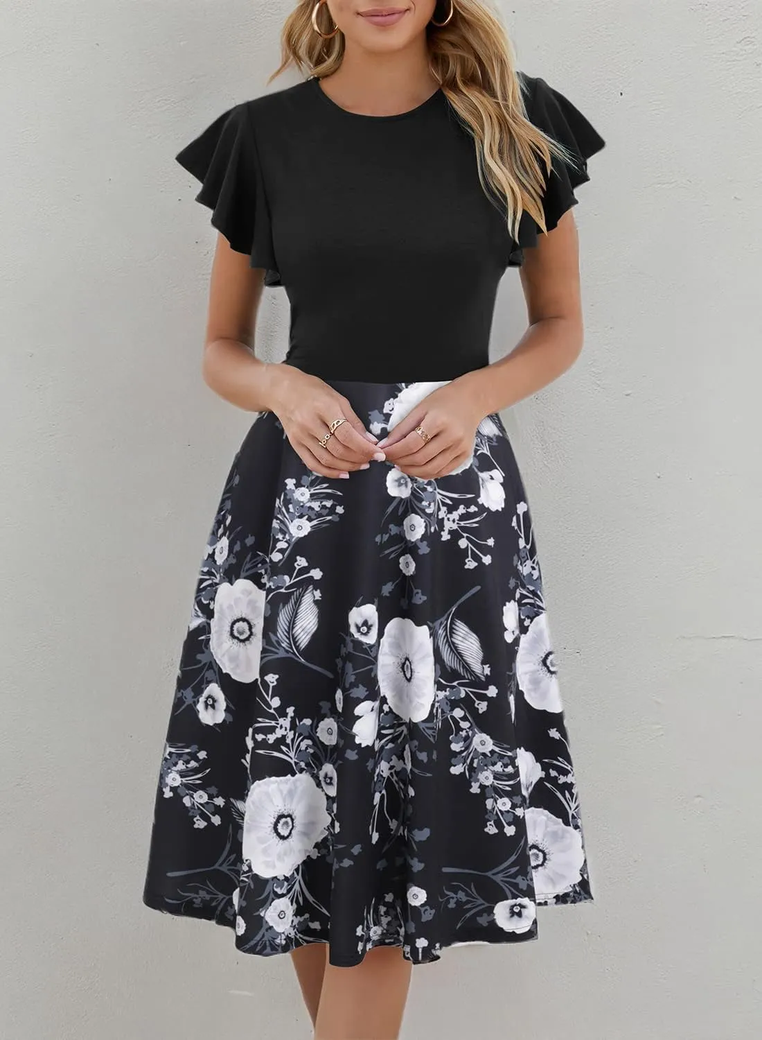 HELYO Women's Semi-Formal Ruffle Sleeves V-Back Work Fit and Flare Cocktail Wedding Guest Dress with Pockets 842