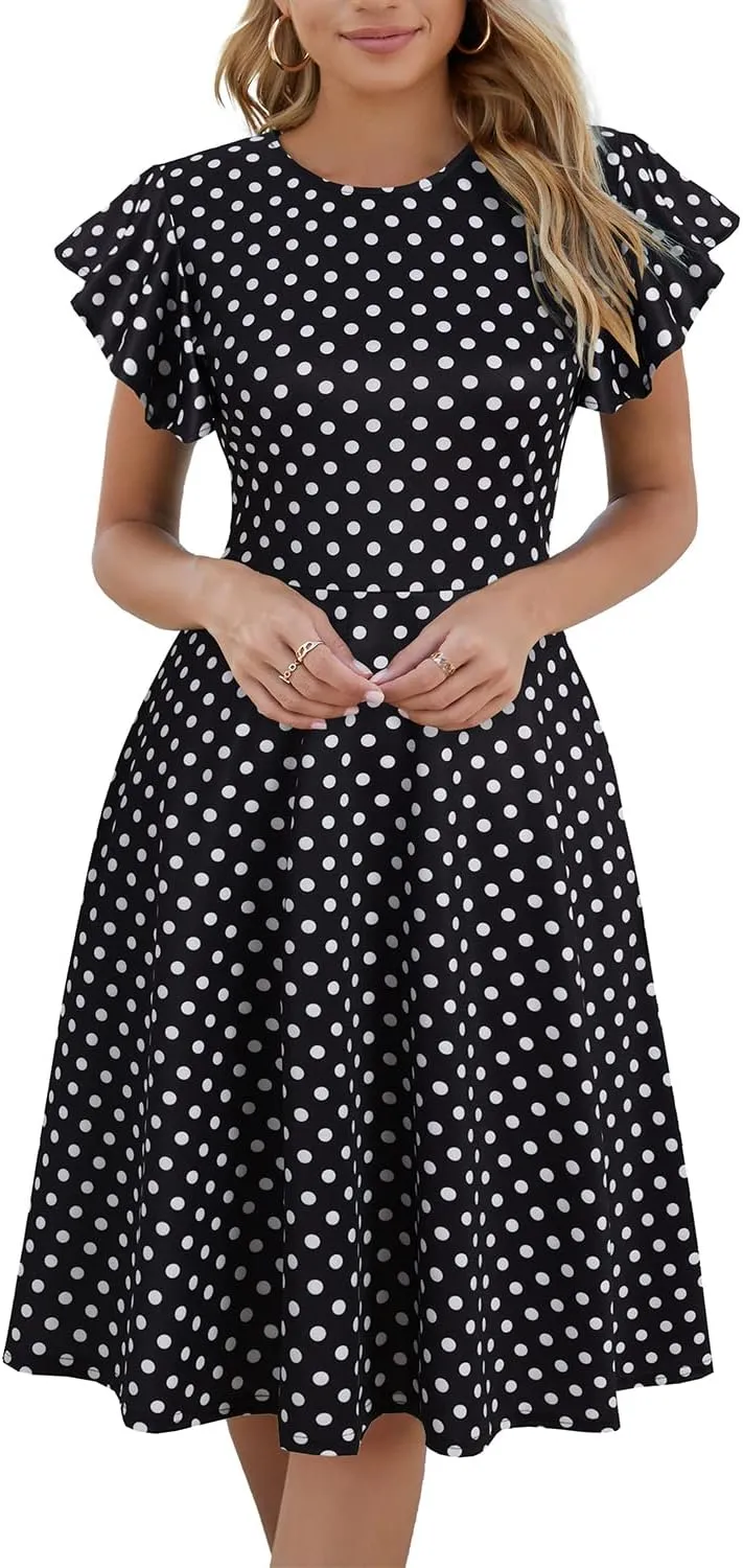 HELYO Women's Semi-Formal Ruffle Sleeves V-Back Work Fit and Flare Cocktail Wedding Guest Dress with Pockets 842