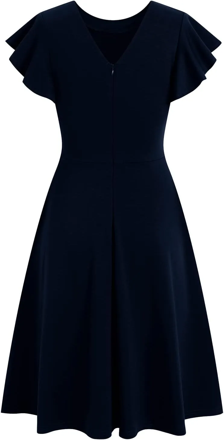 HELYO Women's Semi-Formal Ruffle Sleeves V-Back Work Fit and Flare Cocktail Wedding Guest Dress with Pockets 842