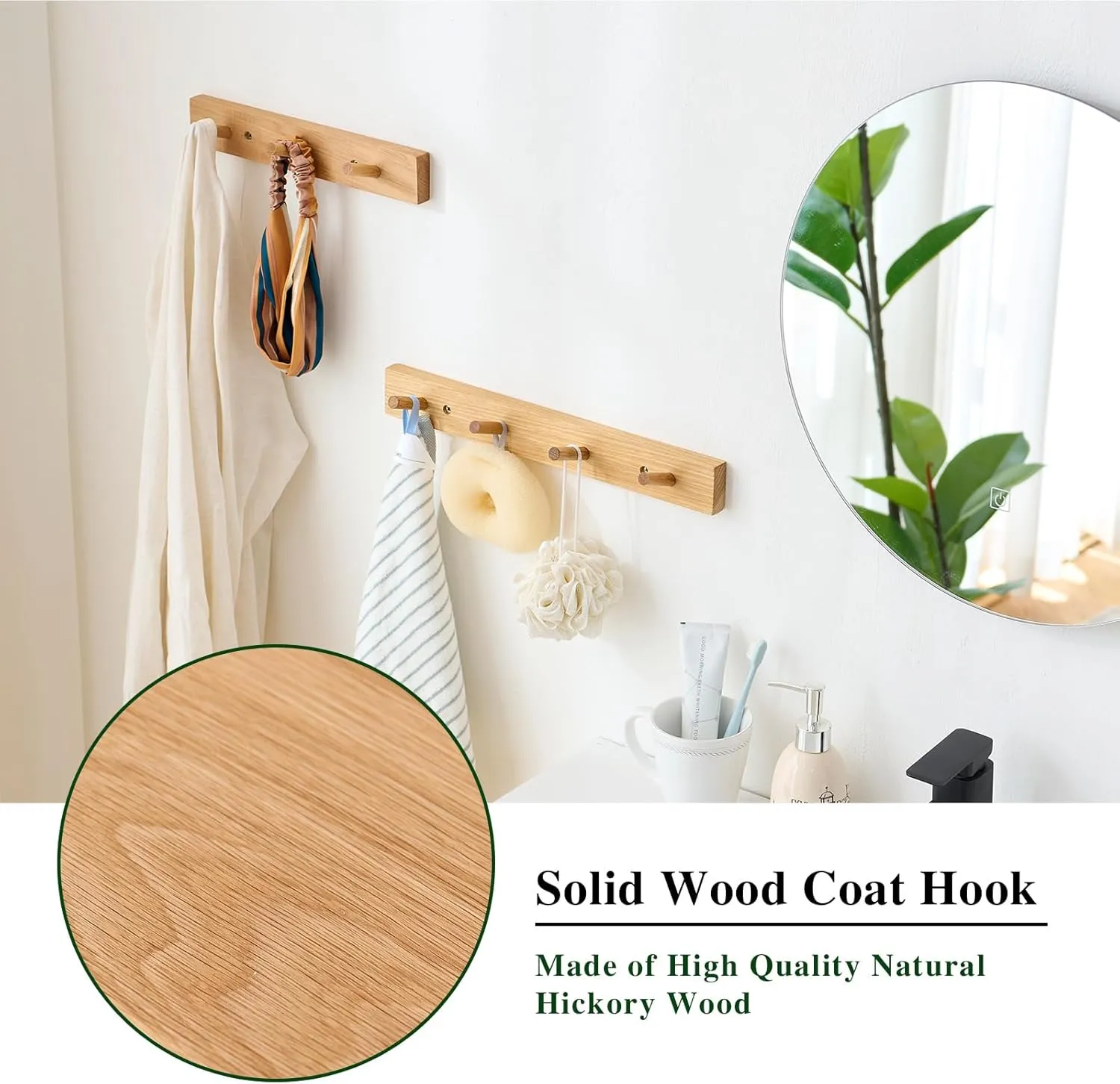Hickory Wood Coat Rack Wall Mount 16 inches, Wooden Coat Hooks with 4 Hooks Coat Hanger for Hanging Hat Jacket Purse, Wall Hooks for Entryway, Bathroom, Bedroom, Natural